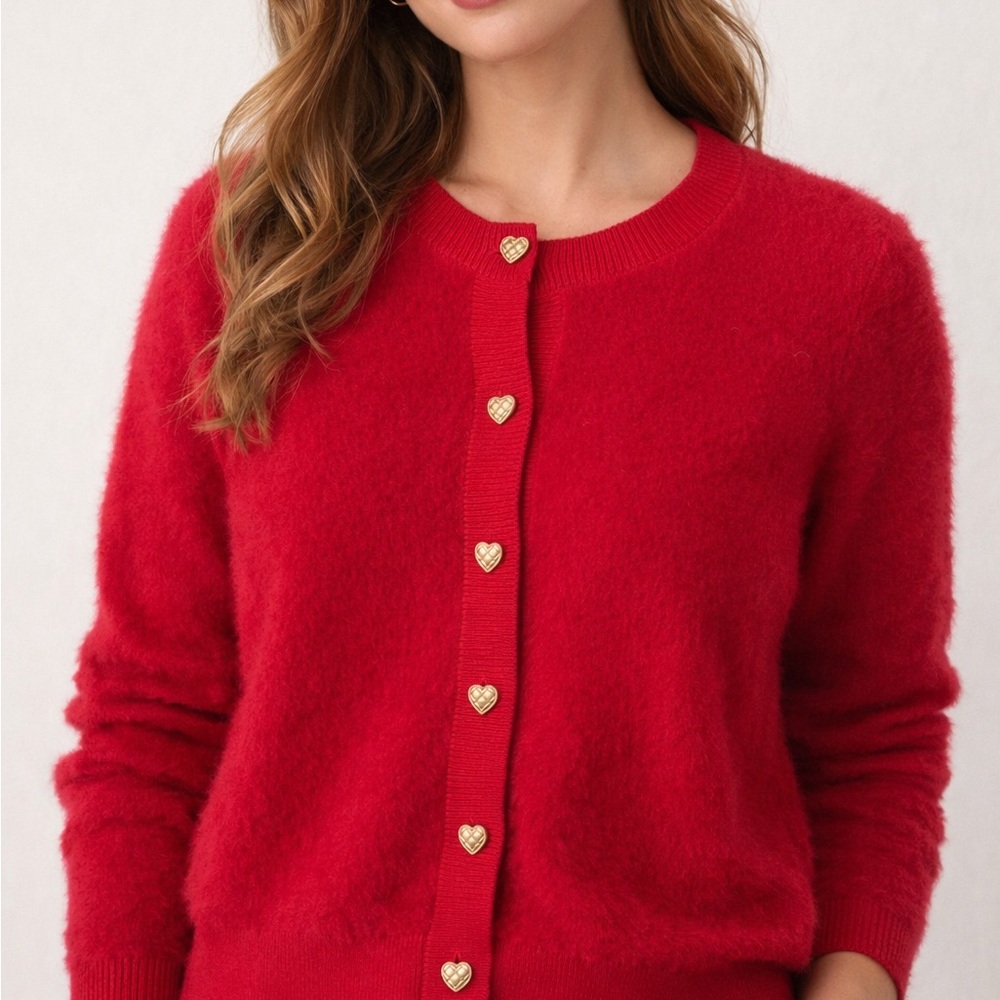 Bailey 44 Soft Red Fuzzy Cardigan Sweater w/ Gold Heart Buttons Size Medium